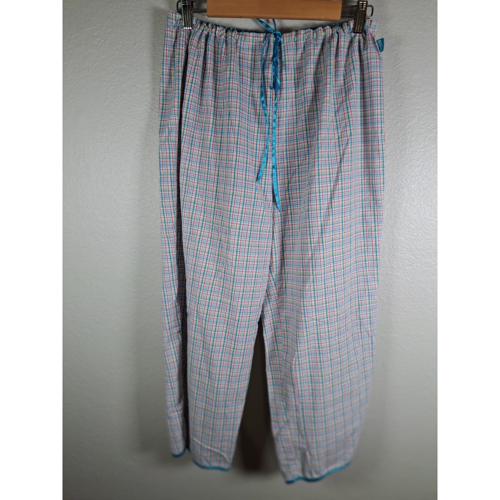 Mixit Pajama Pants Womens Medium Blue Plaid Cotton Satin Trim Drawstring Lounge